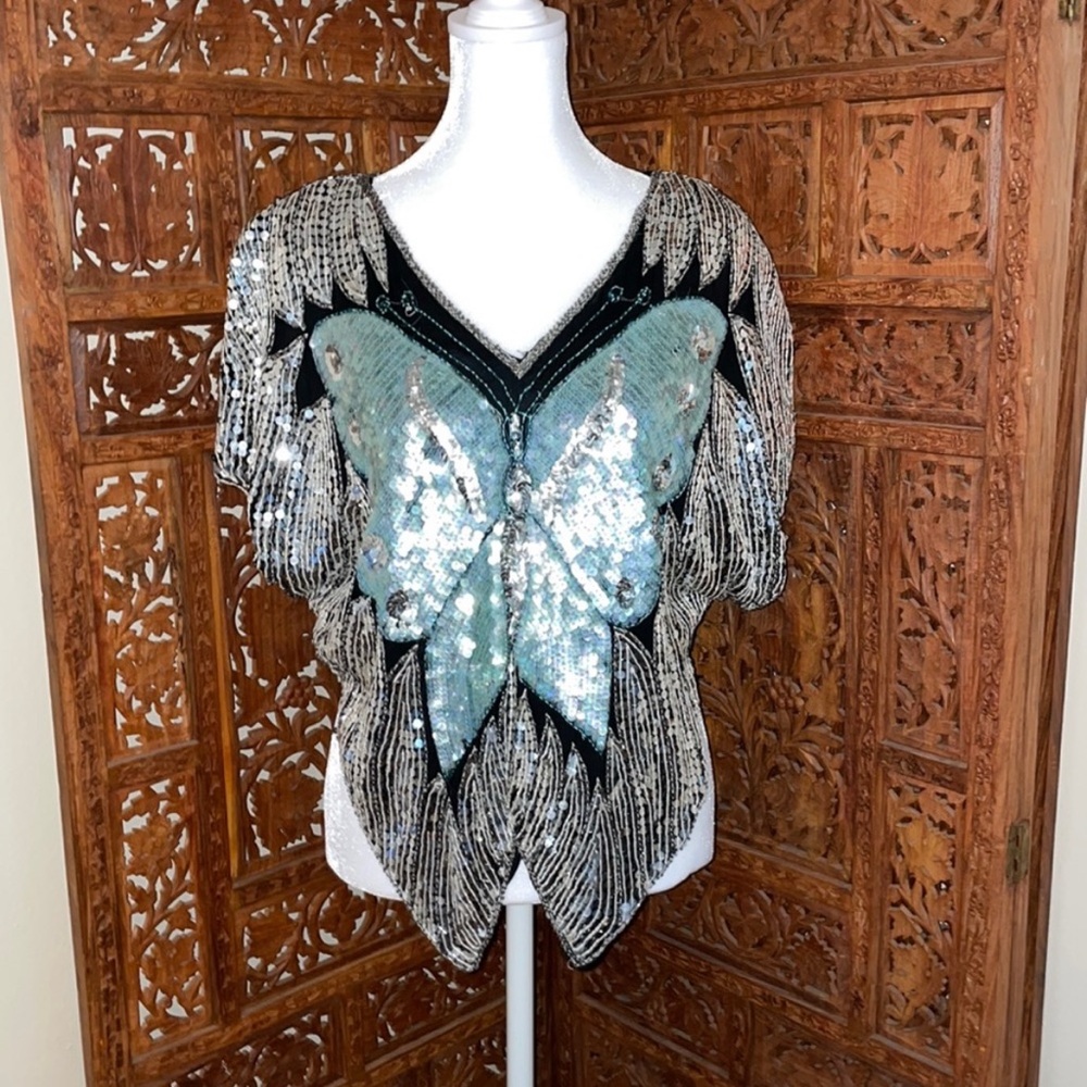 Vintage Butterfly sequin Top  - Black and Blue and silver. NWT Deadstock